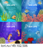 Underwater Landscape Set. Variants of underwater landscape with different colors and animals vector illustration. Стоковая иллюстрация, агентство Ingram Publishing / Фотобанк Лори
