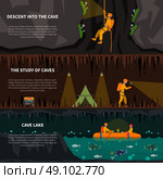 Speleiologists In Cave Flat Banners Set. Speleologists descent deep into cave 3 flat banners set with lake and dripstones dark abstract isolated vector illustration  . Стоковая иллюстрация, агентство Ingram Publishing / Фотобанк Лори