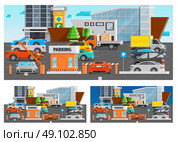 Shopping Mall Parking Compositions Set. Shopping mall parking orthogonal compositions set with car and trucks flat isolated vector illustration . Стоковая иллюстрация, агентство Ingram Publishing / Фотобанк Лори