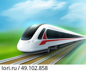 High-speed Day Train Realistic Image. Super streamlined high-speed day train in the countryside meadow realistic image ad poster vector illustration . Стоковая иллюстрация, агентство Ingram Publishing / Фотобанк Лори