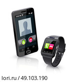 Smart Watch With Phone Realistic Composition . Black smartwatch alerts for compatible smart phone incoming call realistic objects composition with white background vector illustration . Стоковая иллюстрация, агентство Ingram Publishing / Фотобанк Лори