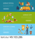 Garbage Concept Banner. Horizontal color banner with information about territory cleaning garbage dump and removal vector illustration. Стоковая иллюстрация, агентство Ingram Publishing / Фотобанк Лори