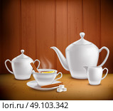Tea Set Composition. Tea set composition with pot hot teacup and milk jug on table near wooden wall vector illustration . Стоковая иллюстрация, агентство Ingram Publishing / Фотобанк Лори