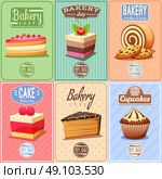 Cakes and Sweets Mini Posters Collection. Traditional bakery confectionary 6 vintage mini posters composition banner with cupcakes caked and chocolate cookies isolated vector illustration. Стоковая иллюстрация, агентство Ingram Publishing / Фотобанк Лори