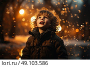 Luminescence at Dusk: A Young Boy Ponders Beneath a Street Lights Glow. Стоковое AI-изображение, AI-художник Данила Большаков / Фотобанк Лори