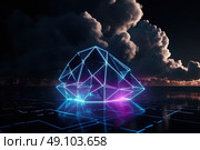 Twilight Luminance: Illuminated Digital Structure Over Virtual Seascape. Стоковое AI-изображение, AI-художник Данила Большаков / Фотобанк Лори