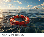 Vibrant life preserver fearlessly rides the gentle waves of a serene body of water. Стоковое AI-изображение, AI-художник Данила Большаков / Фотобанк Лори