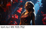 Scarlet Serenade: stunning young woman adorned in vibrant red stands gracefully before a lush background of blooming flowers. Стоковое AI-изображение, AI-художник Данила Большаков / Фотобанк Лори
