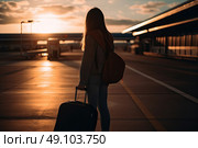 Stylish woman with a vintage suitcase anxiously waits at airport, embodying spirit of adventure. Стоковое AI-изображение, AI-художник Данила Большаков / Фотобанк Лори