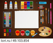 Artistic Design Concept On Wooden Background . Artistic design concept with clean paper sheet in center and different art supplies in realistic style around at wooden easel vector illustration . Стоковая иллюстрация, агентство Ingram Publishing / Фотобанк Лори