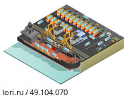 Isometric Marine Cargo Transportation. Heavy dry-cargo ship loading with containers by two stationary cranes in port isometric vector illustration. Стоковая иллюстрация, агентство Ingram Publishing / Фотобанк Лори