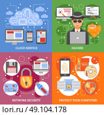 Network Security 2x2 Design Concept. Network security 2x2 design concept set of cloud service computer protection and hacker attack flat vector illustration. Стоковая иллюстрация, агентство Ingram Publishing / Фотобанк Лори