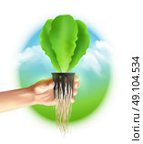 Hydroponics System Colored Poster. Hydroponics system colored poster big circle in the middle where there hand with seedlings on landscape background vector illustration. Стоковая иллюстрация, агентство Ingram Publishing / Фотобанк Лори