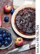 Tarte Tatin and plum. Apple pie with apples and plums in rustic style. Стоковое фото, агентство Ingram Publishing / Фотобанк Лори
