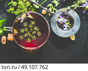 Cup of fennel tea and strainer on dark rustic background, top view. Стоковое фото, агентство Ingram Publishing / Фотобанк Лори