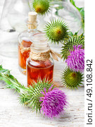 Elixir of medicinal herbs. Glass vial with therapeutic drug of the flowering milk Thistle. Стоковое фото, агентство Ingram Publishing / Фотобанк Лори