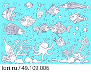 Coloring of underwater world. Aquarium with fish, octopus, corals, anchor, shells, stones, bottle with sailboat. Vector illustration. Стоковая иллюстрация, агентство Ingram Publishing / Фотобанк Лори
