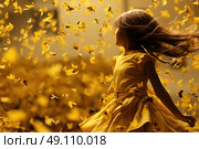 Golden Aura: A Girl Enveloped by a Swarm of Yellow Butterflies. Стоковое AI-изображение, AI-художник Данила Большаков / Фотобанк Лори