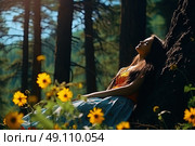 Serenity Unleashed: A Mystical Encounter of a Woman Enchantingly Perched Upon a Majestic Tree Amidst the Lush Forest. Стоковое AI-изображение, AI-художник Данила Большаков / Фотобанк Лори