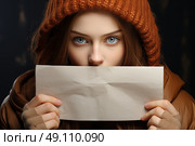 Veiled Identity: A Mysterious Woman Conceals Her Face Behind a Secretive Message. Стоковое AI-изображение, AI-художник Данила Большаков / Фотобанк Лори