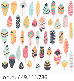 Seamless pattern with boho vintage tribal ethnic colorful vibrant feathers, vector illustration. Стоковая иллюстрация, агентство Ingram Publishing / Фотобанк Лори