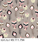 Seamless pattern with boho vintage tribal ethnic colorful vibrant feathers, vector illustration. Стоковая иллюстрация, агентство Ingram Publishing / Фотобанк Лори