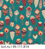 Seamless pattern with boho vintage tribal ethnic colorful vibrant feathers, vector illustration. Стоковая иллюстрация, агентство Ingram Publishing / Фотобанк Лори