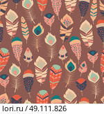 Seamless pattern with boho vintage tribal ethnic colorful vibrant feathers, vector illustration. Стоковая иллюстрация, агентство Ingram Publishing / Фотобанк Лори