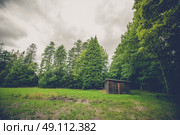 Small wooden shed on a field in a forest. Стоковое фото, агентство Ingram Publishing / Фотобанк Лори
