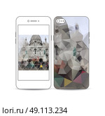 Mobile smartphone with an example of the screen and cover design isolated on white background. Blurred image, view of cathedral Sakre-Ker, Paris cityscape, modern vector texture. Стоковая иллюстрация, агентство Ingram Publishing / Фотобанк Лори
