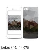 Mobile smartphone with an example of the screen and cover design isolated on white background. Polygonal background, blurred image, urban landscape, Paris cityscape, modern triangular vector texture. Стоковая иллюстрация, агентство Ingram Publishing / Фотобанк Лори