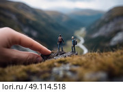 Adventure with two miniature figures standing on the edge of a canyon, subtly manipulated to appear as intrepid explorers surveying the expansive landscape at dusk. Стоковое AI-изображение, AI-художник Данила Большаков / Фотобанк Лори