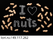 Peanuts on a black background and chalk inscription "I love nuts" Стоковое фото, агентство Ingram Publishing / Фотобанк Лори