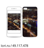 Mobile smartphone with an example of the screen and cover design isolated on white background. Dark polygonal background, blurred image, night city landscape, Paris cityscape, triangular texture. Стоковая иллюстрация, агентство Ingram Publishing / Фотобанк Лори