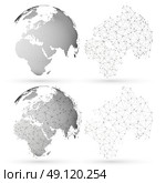 Set of 3D dotted world globes with abstract construction, connecting lines and dots, molecules on white background. Molecule structure, scientific research. Medicine, science, technology concept. Abstract polygonal design vector illustration. Стоковая иллюстрация, агентство Ingram Publishing / Фотобанк Лори