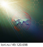 Green dotted world globe, connecting lines and dots on dark color background. Chemistry pattern, hexagonal molecule structure, medical research. Medicine, technology concept. Abstract design vector decoration. Стоковая иллюстрация, агентство Ingram Publishing / Фотобанк Лори