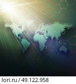 Green dotted world map, connecting lines and dots on dark color background. Chemistry pattern, hexagonal molecule structure, medical research. Medicine, technology concept. Abstract design vector decoration. Стоковая иллюстрация, агентство Ingram Publishing / Фотобанк Лори