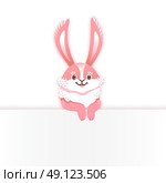 Smiling cartoon rabbit. Funny bunny. Cute hare. Vector illustration grouped and layered easy editing with banner for your text. Smiling cartoon rabbit. Funny bunny. Cute hare. Vector illustration grouped and layered easy editing with banner for your text. Стоковая иллюстрация, агентство Ingram Publishing / Фотобанк Лори