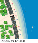 Top view urban road transport. High-speed highway with cars buses and trucks. Top view urban road transport. Стоковая иллюстрация, агентство Ingram Publishing / Фотобанк Лори