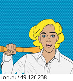 Pop art man face with an open mouth and big bulging eyes with besbolnoy bat. in comic style. Vector illustration. Стоковая иллюстрация, агентство Ingram Publishing / Фотобанк Лори