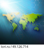 Green dotted world map, connecting lines and dots on dark color background. Chemistry pattern, hexagonal molecule structure, medical research. Medicine, technology concept. Abstract design vector decoration. Стоковая иллюстрация, агентство Ingram Publishing / Фотобанк Лори
