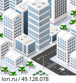 Megapolis 3d isometric three-dimensional view of the city. Collection of houses, skyscrapers, buildings, built and supermarkets with streets and traffic. The stock vector. Стоковая иллюстрация, агентство Ingram Publishing / Фотобанк Лори