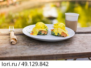 A plate with eggs benedict made with salmon and hollandaise sauce on a table by a pond in the park. Стоковое фото, агентство Ingram Publishing / Фотобанк Лори