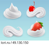 Whipped cream, sweet cream, cherries and strawberries, vector set. Стоковая иллюстрация, агентство Ingram Publishing / Фотобанк Лори