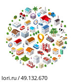 Texture of urban pattern of isometric city facilities such as homes, buildings, factories, plants and trees. Web elements for background and interactive applications concept. Стоковая иллюстрация, агентство Ingram Publishing / Фотобанк Лори
