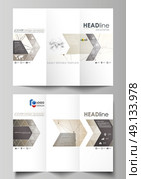 Tri-fold brochure business templates on both sides. Abstract vector layout in flat design. Technology, science, medical concept. Golden dots and lines, cybernetic digital style. Lines plexus.. Tri-fold brochure business templates on both sides. Easy editable abstract vector layout in flat design. Technology, science, medical concept. Golden dots and lines, cybernetic digital style. Lines plexus. Стоковая иллюстрация, агентство Ingram Publishing / Фотобанк Лори