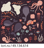 Collection of colorful sea and ocean animals, whale, octopus, stingray, jellyfish, turtle, coral, vector illustration. Стоковая иллюстрация, агентство Ingram Publishing / Фотобанк Лори