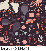 Seamless pattern with underwater ocean animals, whale, octopus, stingray, jellysfish, colorful vector illustration. Стоковая иллюстрация, агентство Ingram Publishing / Фотобанк Лори