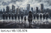 A single young girl stands defiantly in front of a line of riot police in a futuristic cityscape. The scene is painted in shades of grey, highlighting the bleakness of the situation. Стоковое AI-изображение, AI-художник Данила Большаков / Фотобанк Лори