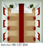 Top View Foyer Interior . Top view of theater club or hotel foyer interior with red carpet banquette and portieres realistic vector illustration   . Стоковая иллюстрация, агентство Ingram Publishing / Фотобанк Лори